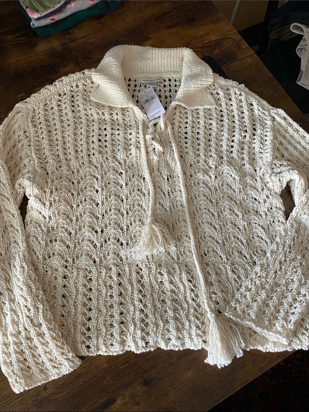 American Eagle Outfitters Ivory Open-Knit Tassel Tie Sweater